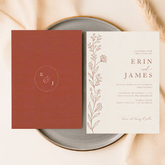 Invitation Mariage Minimaliste Orange Brûlé Bohème Fleur Sauv