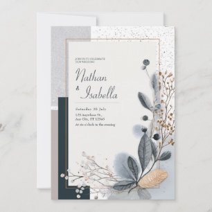 Invitation Mariage Minimaliste Paillettes Botaniques Bleu Gri