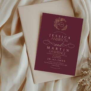 Invitation Mariage minimaliste romantique script bordeaux or