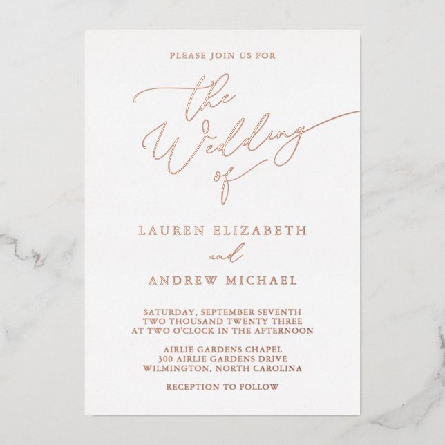 Invitation Mariage minimaliste rose Gold Foil (Recto)