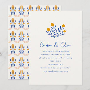 Invitation Mariage Minimaliste Scandi Folk Floral Bleu Jaune