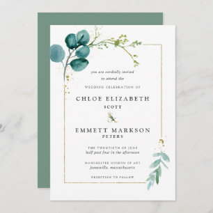 Invitation Mariage minimaliste Turquoise Bleu Botanique Or
