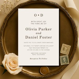 Invitation Mariage Minimaliste Typographie Monogramme Crème