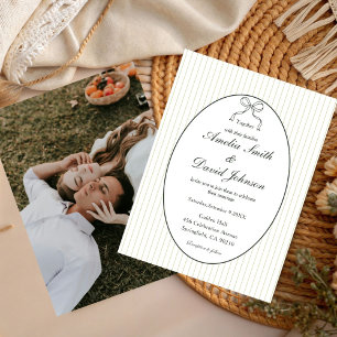 Invitation Mariage minimaliste vert à rayures chic bow