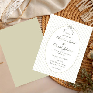 Invitation Mariage minimaliste vert à rayures chic bow