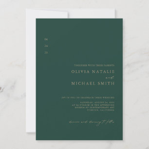 Invitation Mariage minimaliste vert et or, code QR tout-en-un