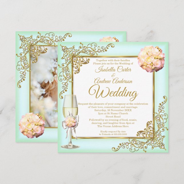 Invitation Mariage Mint Coral Champagne Gold Pearl Photo (Devant / Derrière)