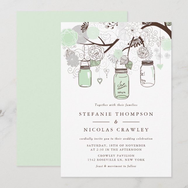 Invitation Mariage Mint Green Hanging Mason Jars (Devant / Derrière)
