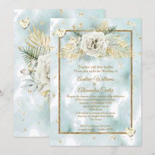 Invitation Mariage Mint Turquoise marbre d'or Rose Floral