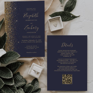 Invitation Mariage moderne à code QR avec faux paillettes dor