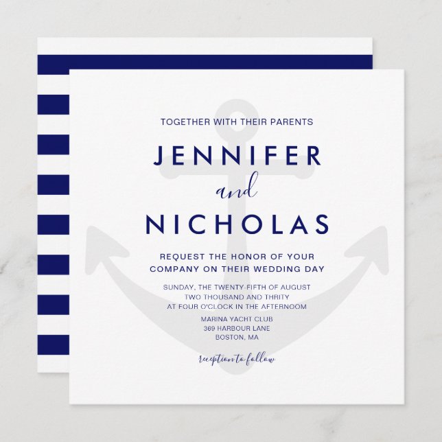 Invitation Mariage Moderne à l'Ancre Naútico Bleu de Marine (Devant / Derrière)