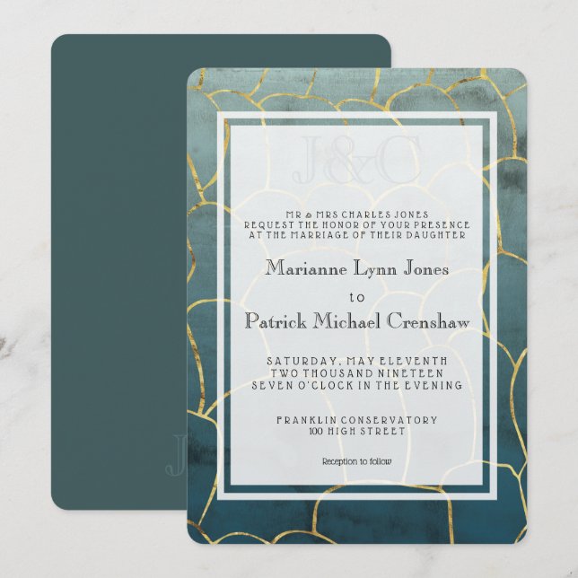 Invitation Mariage moderne à l'aquamarine foncé et veines d'o (Devant / Derrière)