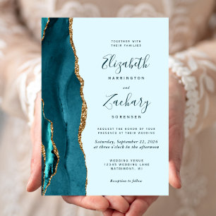 Invitation Mariage moderne agate bleu sarcelle or