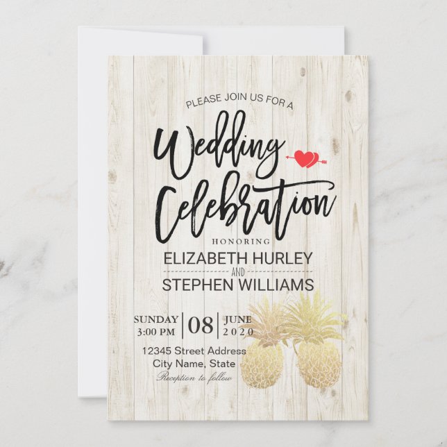 Invitation Mariage moderne Ananas Golden Couple Bois rustique (Devant)