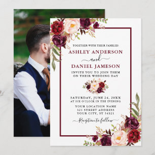 Invitation Mariage Moderne Aquarelle Bourgogne Photo Florale