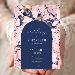Invitation Mariage Moderne Arche Rose Bleu Marine Marbre