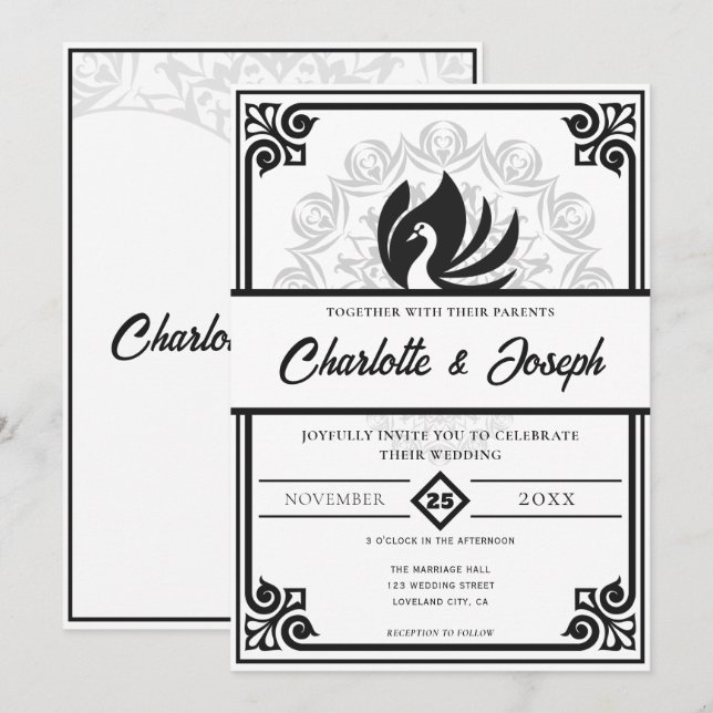 Invitation Mariage moderne Art déco cygne noir et blanc (Devant / Derrière)