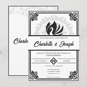 Invitation Mariage moderne Art déco cygne noir et blanc
