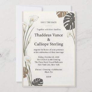 Invitation Mariage moderne au lys calla et feuille de monster