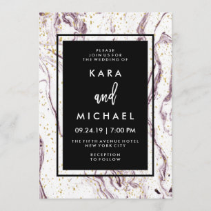 Invitation Mariage Moderne aux Éclats de Marbre Violet et Fau
