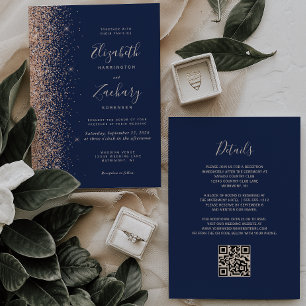 Invitation Mariage moderne avec code QR bleu marine et paille