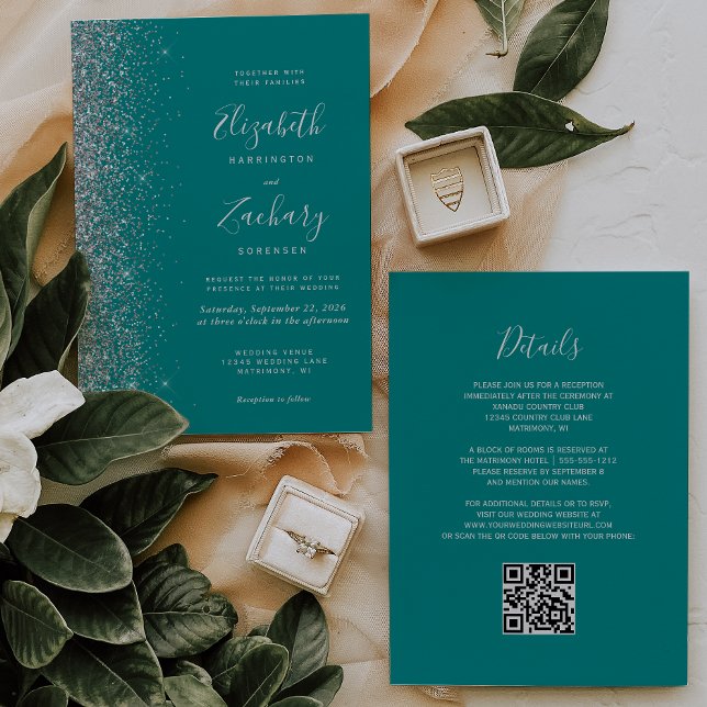 Invitation Mariage moderne avec code QR bleu sarcelle paillet (Créateur téléchargé)