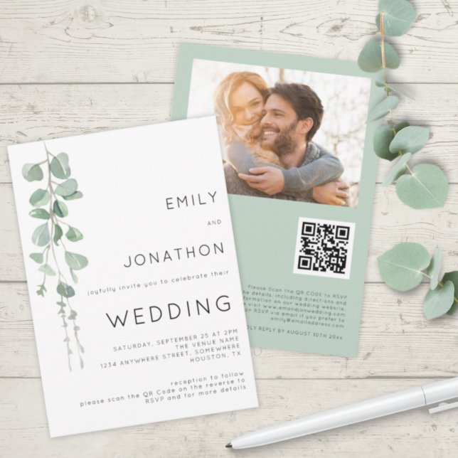 Invitation Mariage Moderne avec Code QR Photo Eucalyptus (Créateur téléchargé)