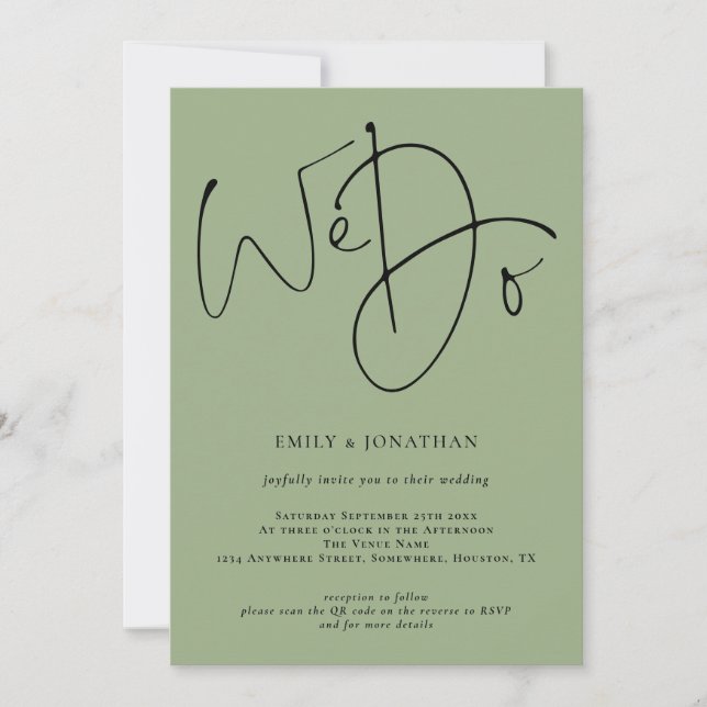 Invitation Mariage moderne avec code QR vert sauge (Devant)