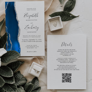 Invitation Mariage moderne avec QR Code bleu royal et argent