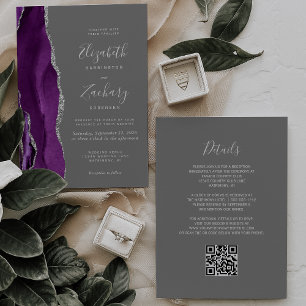 Invitation Mariage moderne avec QR Code gris argenté et viole