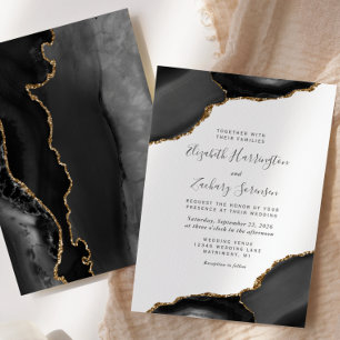 Invitation Mariage moderne Black Gold Agate Corners
