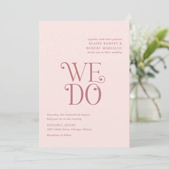 Invitation Mariage moderne Blaire Blush Pink (Debout devant)