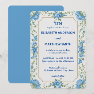 Invitation Mariage moderne bleu & blanc de superposition fleu