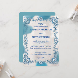 Invitation Mariage moderne bleu & blanc de superposition fleu