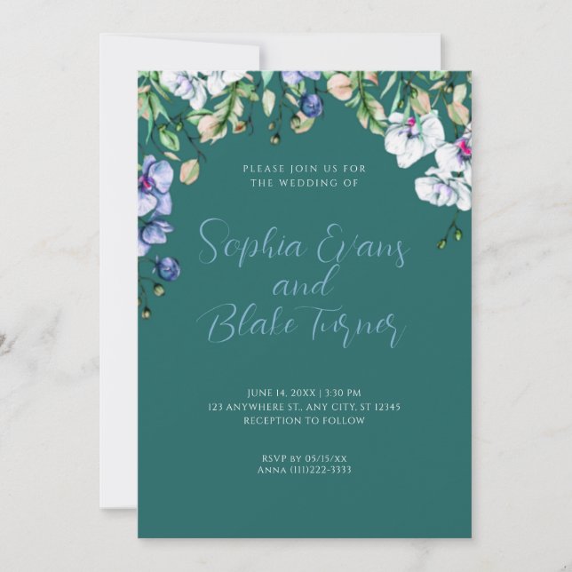 Invitation Mariage moderne bleu, blanc et vert Floral vert (Devant)