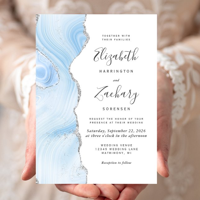 Invitation Mariage moderne Bleu Bleu Argent Agate (Créateur téléchargé)