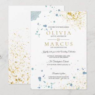 Invitation Mariage Moderne Bleu et or Aquarelle plaquettes