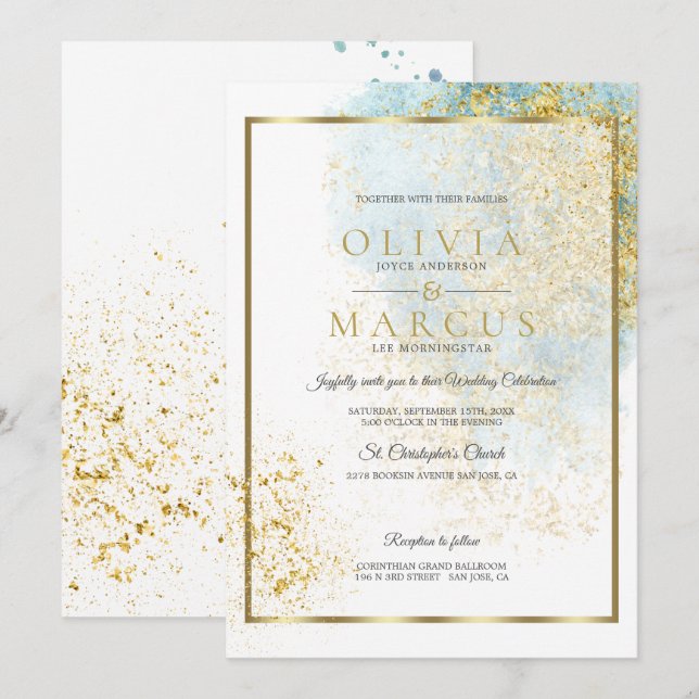 Invitation Mariage Moderne Bleu et or Aquarelle Splash (Devant / Derrière)
