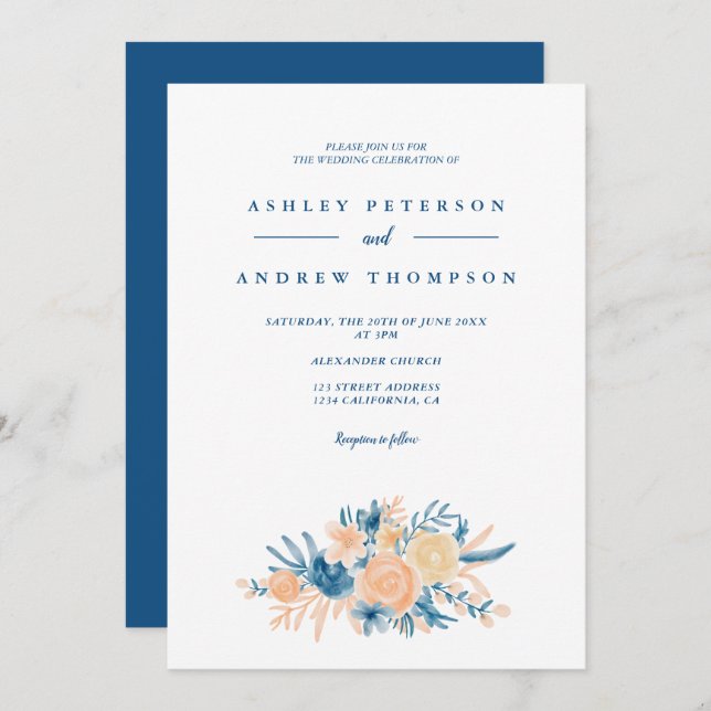 Invitation Mariage moderne bleu floral aquarelle chic (Devant / Derrière)