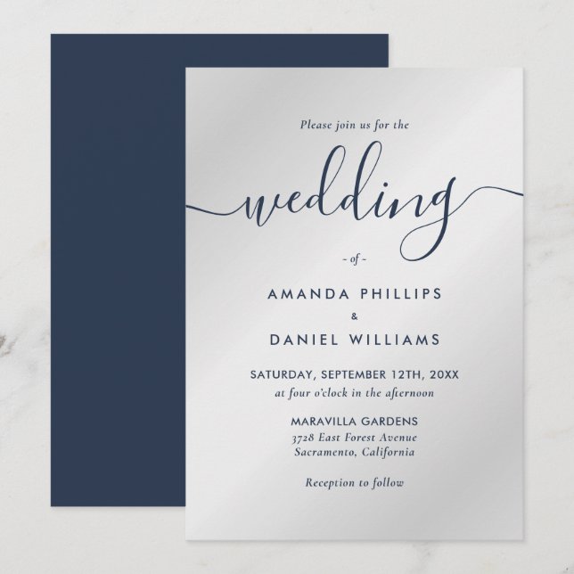 Invitation Mariage moderne bleu marine et argent (Devant / Derrière)