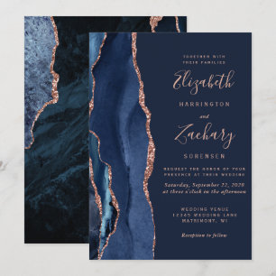 Invitation Mariage Moderne Bleu Nuit Agate Or Rose