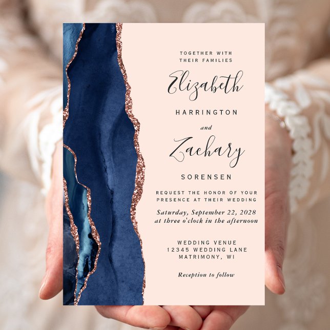 Invitation Mariage Moderne Bleu Nuit Agate Rose Doré Blush (Créateur téléchargé)