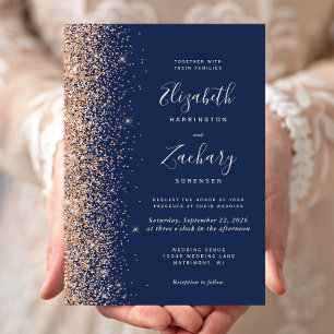 Invitation Mariage Moderne Bleu Nuit avec Bordure Pailletée P