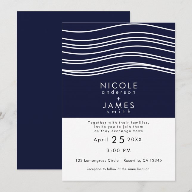Invitation Mariage Moderne Bleu Nuit et Blanc (Devant / Derrière)