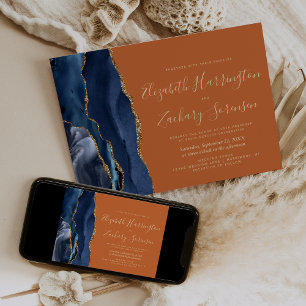 Invitation Mariage Moderne Bleu Nuit Or Agate Orange Brûlé