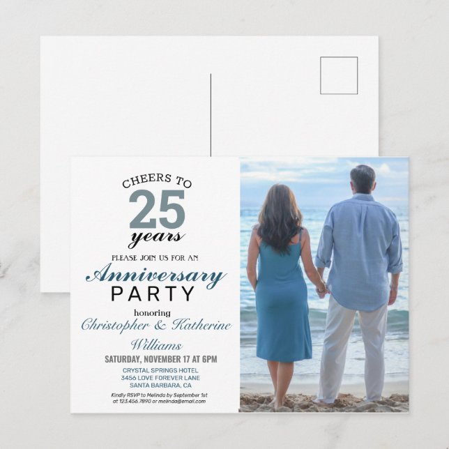 Invitation Mariage moderne Blue 25th Silver Annive (Devant / Derrière)