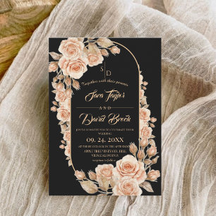 Invitation Mariage Moderne Bohème Noir ⎮ Roses Fleur Mariage