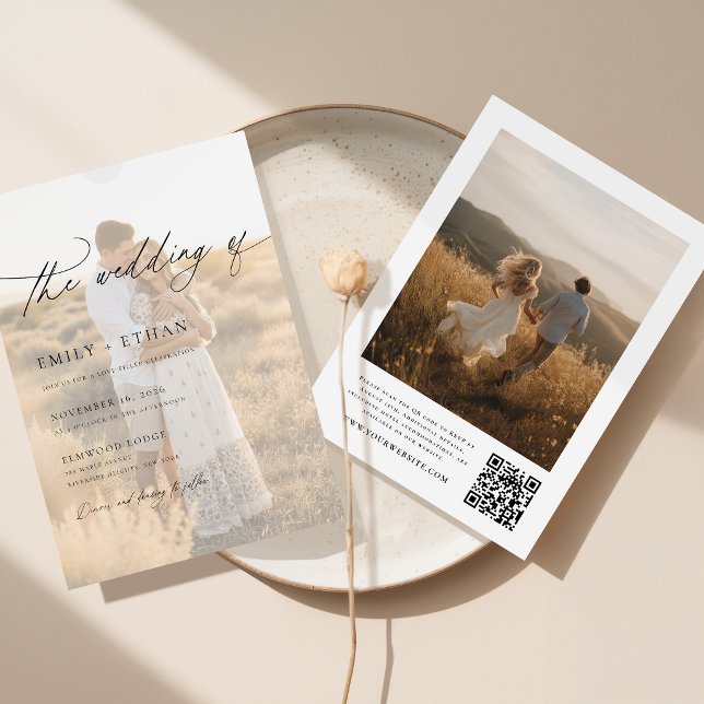 Invitation Mariage Moderne Boho avec Overlay Vélin et Code QR (Créateur téléchargé)