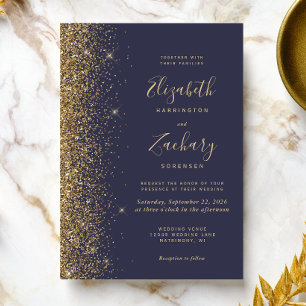 Invitation Mariage Moderne Bord Pailleté Faux Or Bleu Foncé