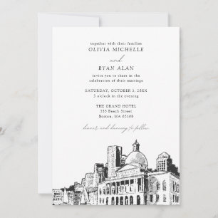 Invitation Mariage moderne Boston Skyline Sketch noir et blan